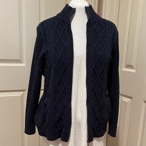 2X Lands’ End Navy Blue Cable Zip Front Long Sleeve Cardigan Marled Sweater